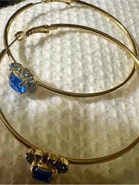 Gold Hoop Earrings with Blue Crystal Accents - Women Jewelry